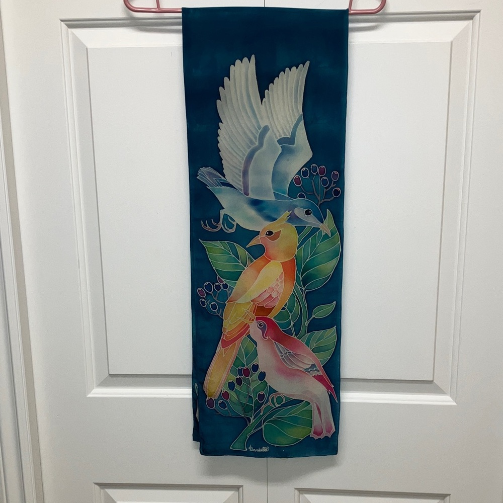 Silk scarf, hand painted, long oblong, bird pattern, indigo blue, green, yellow
